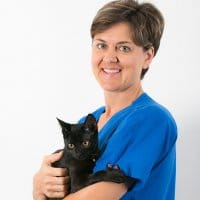 Animal Emergency Service Senior Nurse, Marilie Bester with black cat