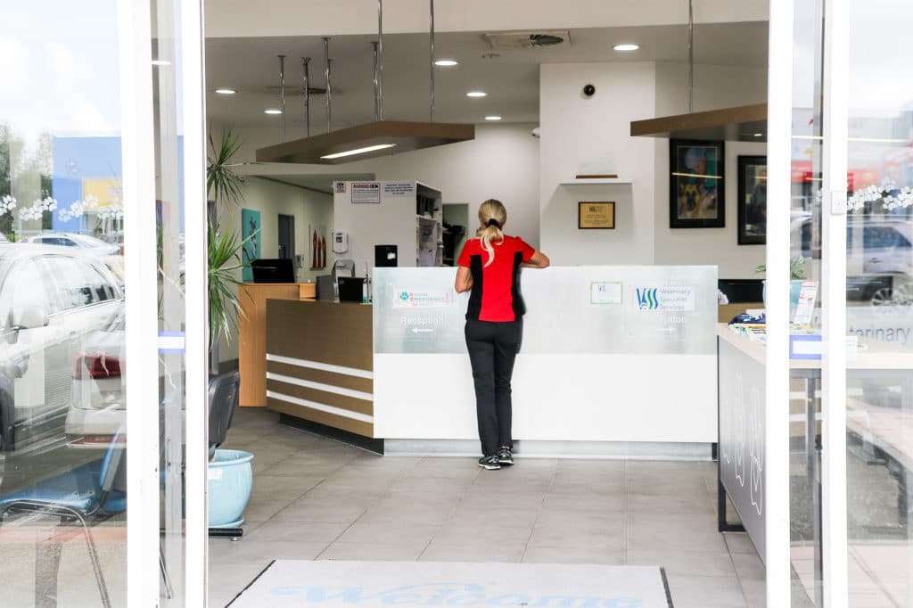 Front doors and view of the front desk at Animal Emergency Service Underwood, an emergency vet Underwood